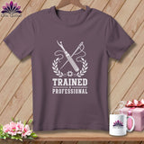 Purple t-shirt with sewing tools, laurel wreath, and text 