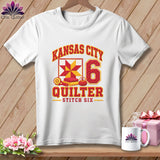 White t-shirt featuring a Kansas City Quilter design with a quilted star block and the number six.
