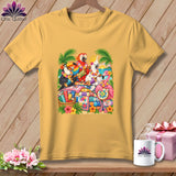 Mustard yellow t-shirt featuring a colorful graphic of tropical birds playing ukuleles over stacked quilts.