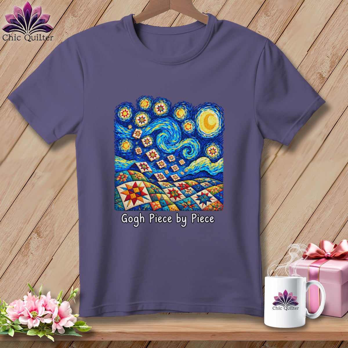 Purple t-shirt with "Gogh Piece by Piece" and Van Gogh starry night quilt design.