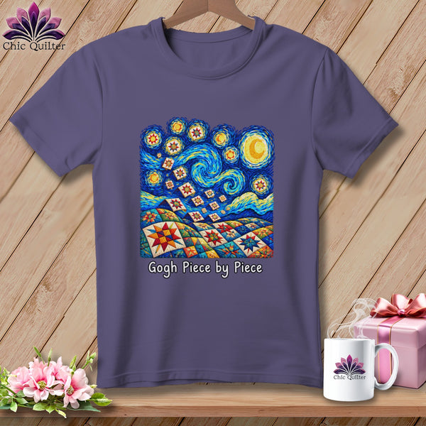 Purple t-shirt with "Gogh Piece by Piece" and Van Gogh starry night quilt design.