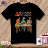 Skeleton quilters sit at a table with a sewing machine and quilt. Text reads 