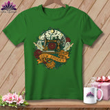 Green t-shirt with a circular Halloween sewing design and 