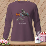 Raven on a purple long-sleeve shirt with string and quilt squares, text 