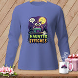 Purple long-sleeve shirt with an owl and sewing machine graphic saying 