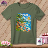 Olive green crewneck t-shirt featuring a colorful tropical beach quilt graphic centered on the chest.