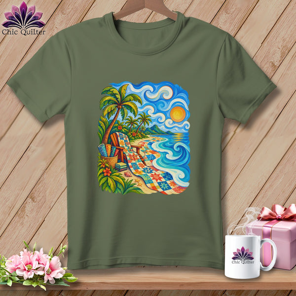 Olive green crewneck t-shirt featuring a colorful tropical beach quilt graphic centered on the chest.