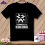 Black t-shirt with quilt block graphic and text "Technically a design choice."