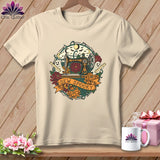 Cream t-shirt with Halloween sewing graphic that says 