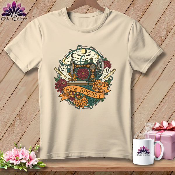Cream t-shirt with Halloween sewing graphic that says "Sew Spooky".