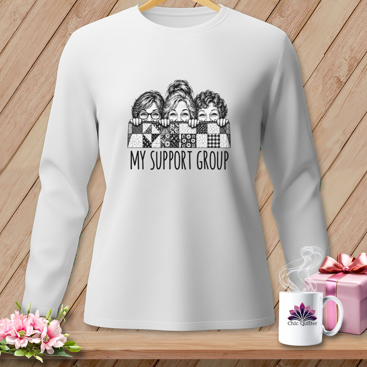 White long-sleeve shirt with "MY SUPPORT GROUP" text and sketch of three women.