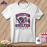 White t-shirt featuring a red, white, and blue bull graphic with the text Houston Quilter and First & Sew.