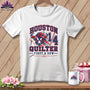 White t-shirt featuring a red, white, and blue bull graphic with the text Houston Quilter and First & Sew.