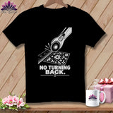 Black t-shirt with rotary cutter, ruler, floral fabric and text 