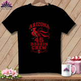 Black t-shirt featuring a red cardinal illustration, the number 45, and the text Arizona Bobbin Crew.