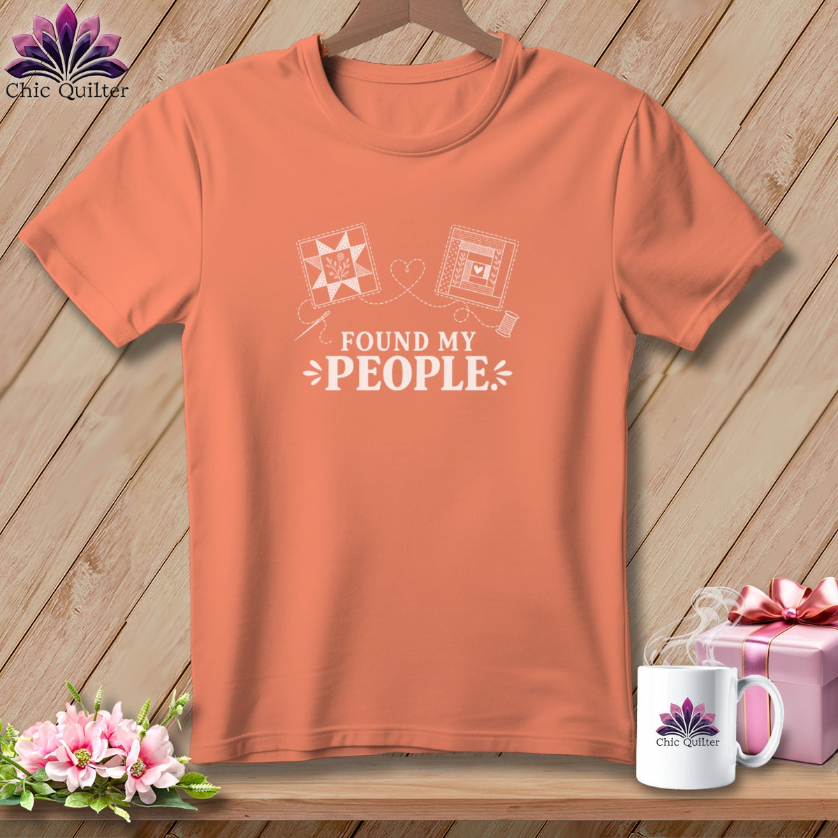 Peach t-shirt with white quilting designs and text "Found My People".