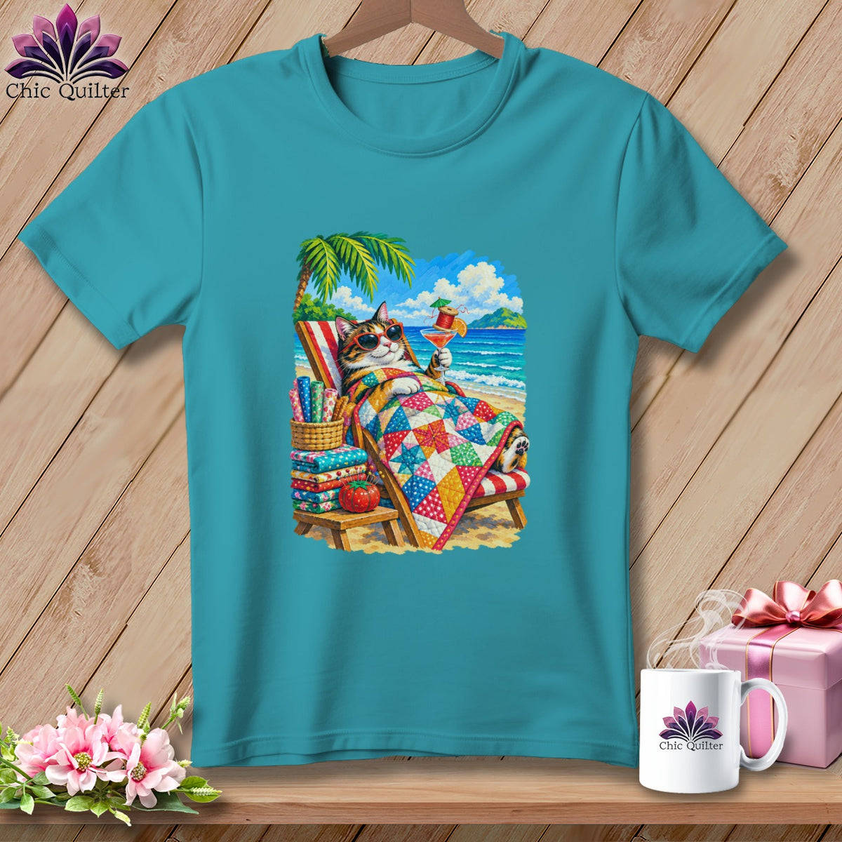 Teal t-shirt featuring a graphic of a cat in sunglasses relaxing on a beach lounge chair under a palm tree.