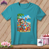 Teal t-shirt featuring a graphic of a cat in sunglasses relaxing on a beach lounge chair under a palm tree.