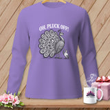 Purple long-sleeve t-shirt with a graphic of a peacock, a smaller bird, and the text 