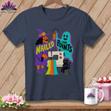 Witch and ghost high-five over sewing machine with text 