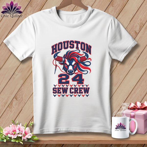 White t-shirt featuring a red, white, and blue Houston Sew Crew 24 graphic with a bull.