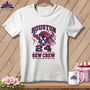 White t-shirt featuring a red, white, and blue Houston Sew Crew 24 graphic with a bull.