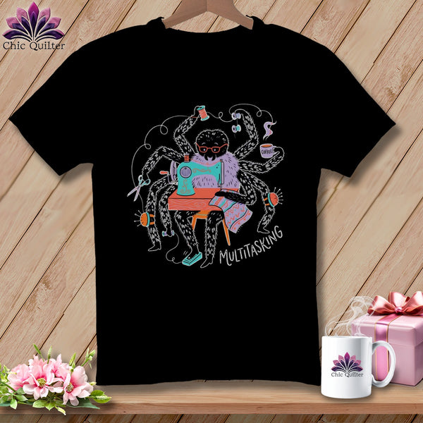 Spider sewing with multiple arms, coffee, and "Multitasking" text.
