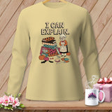 Light yellow long-sleeve shirt with illustration of a woman and Halloween fabric.