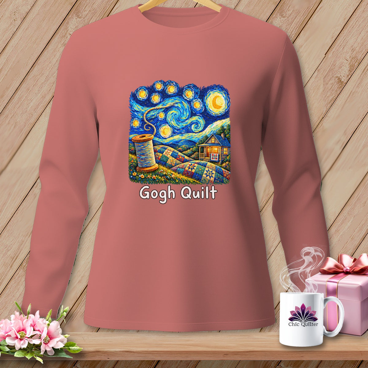 Long-sleeve shirt featuring a Van Gogh-inspired "Gogh Quilt" graphic with a spool of thread.