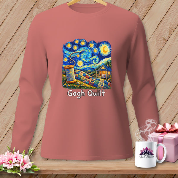Long-sleeve shirt featuring a Van Gogh-inspired "Gogh Quilt" graphic with a spool of thread.