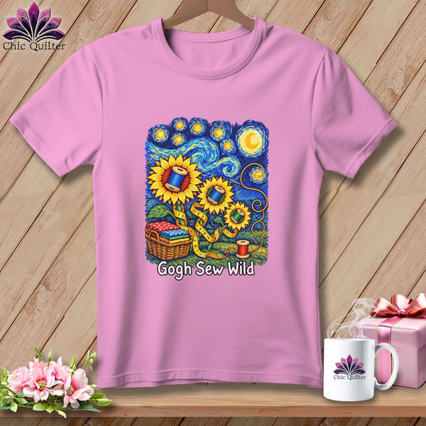 Pink t-shirt with Van Gogh-style sunflowers, spools of thread, and the text "Gogh Sew Wild".