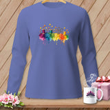 Lavender long-sleeve shirt with watercolor sewing notions and rainbow fabric splatters.