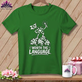 Green t-shirt with cartoon quilt blocks and text 