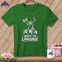 Green t-shirt with cartoon quilt blocks and text "WORTH THE LANGUAGE."