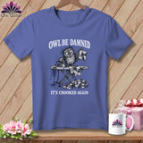 T-shirt with a graphic of a disheveled owl ironing a crooked quilt piece.