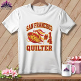 A white t-shirt features red and yellow text that reads San Francisco #14 Quilter.