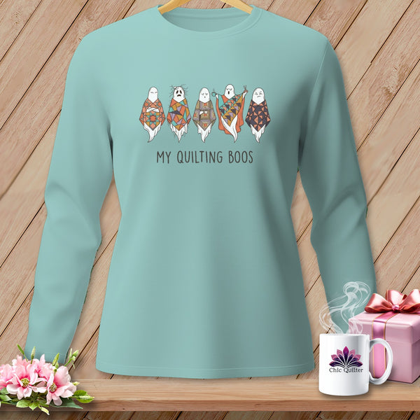Light teal long sleeve shirt with "My Quilting Boos" and ghost quilt design.