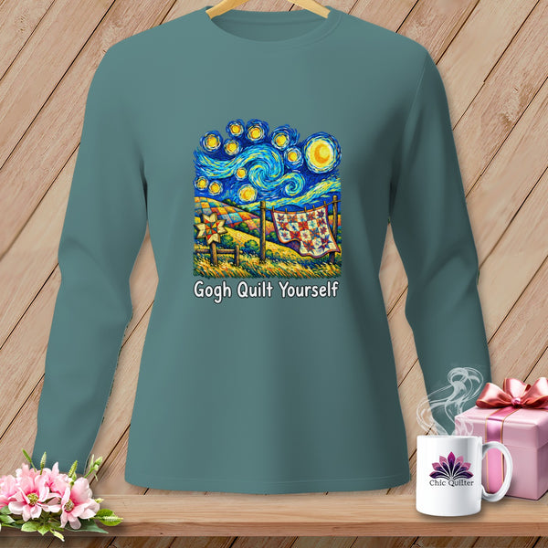 Teal long-sleeve shirt with "Gogh Quilt Yourself" graphic inspired by Van Gogh.