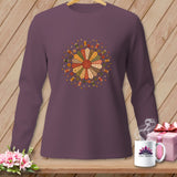 Long-sleeve plum sweatshirt with a circular quilt-inspired sewing motif and 