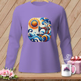 Purple long-sleeve shirt with a colorful sewing machine and sun design.
