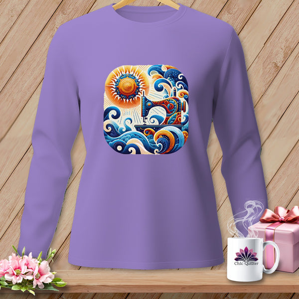 Purple long-sleeve shirt with a colorful sewing machine and sun design.