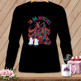 Black long-sleeve shirt with a colorful Halloween witch and ghosts graphic.