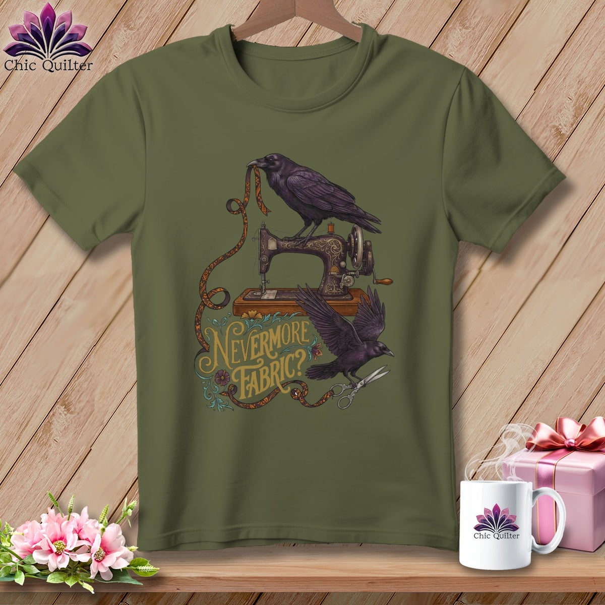 Green t-shirt with ravens, sewing machine, and "Nevermore Fabric?" text.
