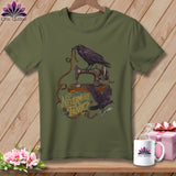 Green t-shirt with ravens, sewing machine, and 