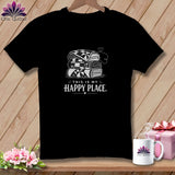 Black t-shirt with stacked quilts graphic and 