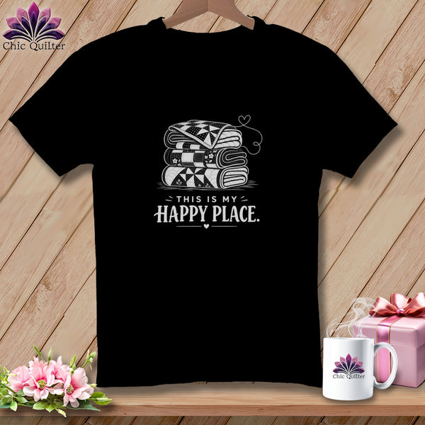 Black t-shirt with stacked quilts graphic and "This is my happy place" text.