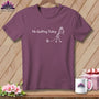 Plum t-shirt with white text and graphic of a tired stick figure with a spool of thread.