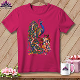 Fuchsia t-shirt with a colorful peacock and quilting motif.