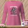 Long sleeve shirt with a cartoon owl ironing a crooked quilt, text "Owl Be Damned, It's Crooked Again".