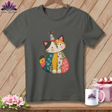 A dark gray t-shirt with a cartoon cat wearing a thimble hat, printed on the chest.